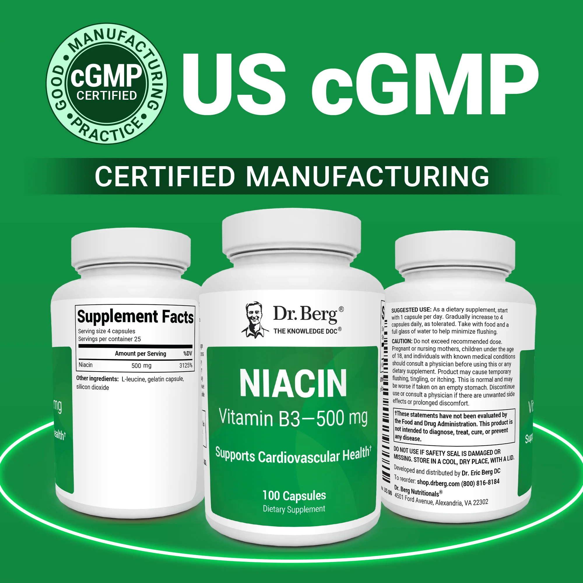 Niacin (Flushing Form) — Vitamin B3 500 mg per serving — Now only 125 mg per capsule - 100 Capsules - Image 9
